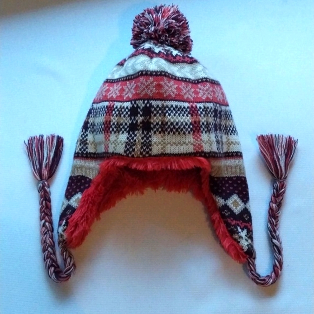 MukLuck Trapper Cap Hat Plaid Pink Rose Fur Lined Reverse Lining  Braids BOHO